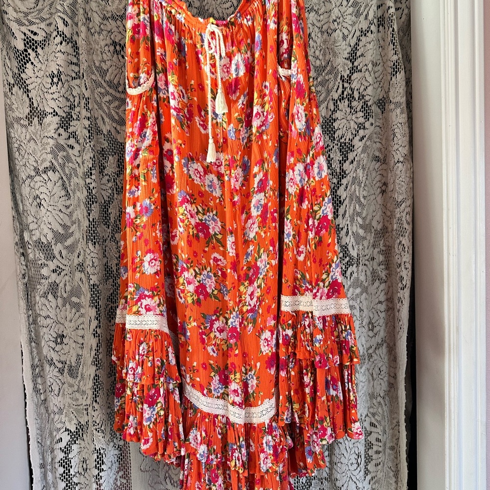 Spell Orange Floral Tiered Maxi Skirt with Lace Trim